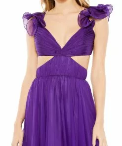 Mac Duggal Ruched Ruffled Shoulder Cut Out Lace Up Gown