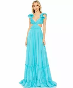 Mac Duggal Ruched Ruffled Shoulder Cut Out Lace Up Gown