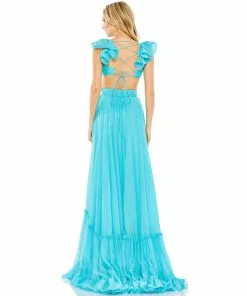 Mac Duggal Ruched Ruffled Shoulder Cut Out Lace Up Gown