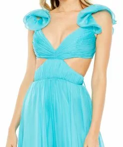 Mac Duggal Ruched Ruffled Shoulder Cut Out Lace Up Gown