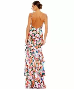 Mac Duggal New Arrivals Floral Print Asymmetrical Ruffle Hem Gown