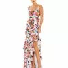 Mac Duggal New Arrivals Floral Print Asymmetrical Ruffle Hem Gown