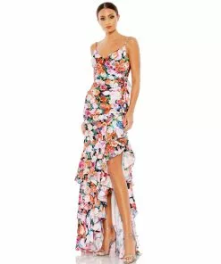 Mac Duggal New Arrivals Floral Print Asymmetrical Ruffle Hem Gown
