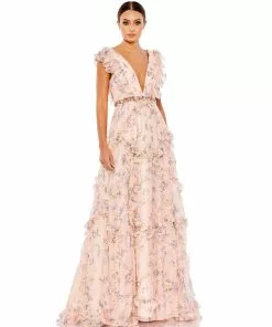 Ieena For Mac Duggal Ruffled Floral Print Cap Sleeve Gown Shop For