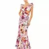 Mac Duggal Floral Print Ruffle Shoulder Cut Out Gown Shop For