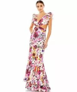 Mac Duggal Floral Print Ruffle Shoulder Cut Out Gown Shop For