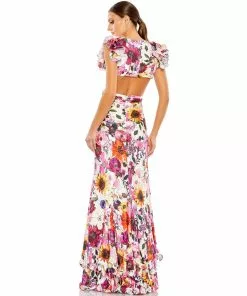 Mac Duggal Floral Print Ruffle Shoulder Cut Out Gown Shop For