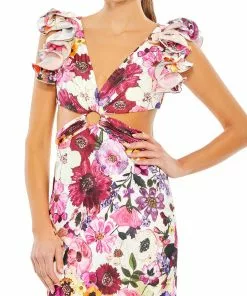 Mac Duggal Floral Print Ruffle Shoulder Cut Out Gown Shop For