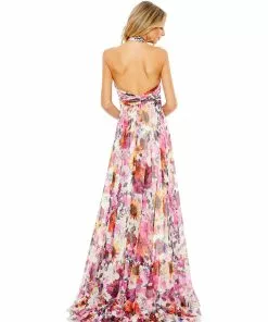Mac Duggal Asymmetrical Ruffled Halter Floral Gown
