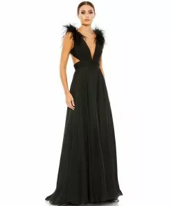 Ieena For Mac Duggal Plunge Ostrich Feather A Line Gown