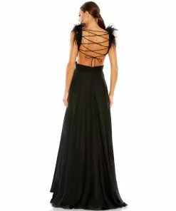 Ieena For Mac Duggal Plunge Ostrich Feather A Line Gown