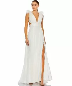 Ieena For Mac Duggal Plunge Ostrich Feather A Line Gown