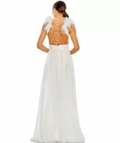 Ieena For Mac Duggal Plunge Ostrich Feather A Line Gown