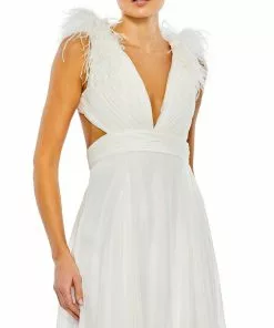 Ieena For Mac Duggal Plunge Ostrich Feather A Line Gown