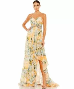 Ieena For Mac Duggal Ruffled Asymmetrical Hem Strapless Gown