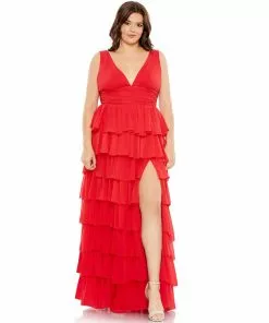 Mac Duggal Shop For Ruffle Tiered Sleeveless V Neck Gown (Plus)