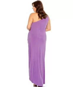 Mac Duggal Beaded One Shoulder Draped Gown (Plus)