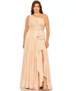 Mac Duggal Ruched One Shoulder Soft Tie Draped A Line Gown (Plus) Shop For