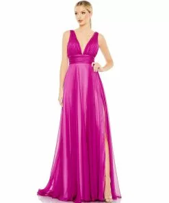 Ieena For Mac Duggal New Arrivals Draped Sleeveless V Neck Flowy Gown
