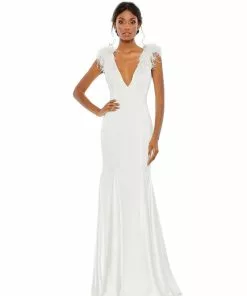 Mac Duggal Shop For Feather Shoulder V Neck Column Gown