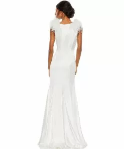 Mac Duggal Shop For Feather Shoulder V Neck Column Gown