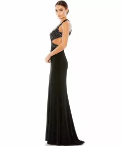 Mac Duggal Floral Sequined Criss Cross Bodice Gown