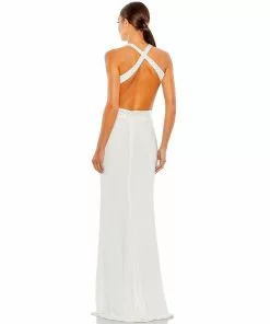 Mac Duggal Floral Sequined Criss Cross Bodice Gown