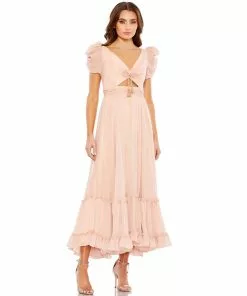 Mac Duggal Ruffle Tiered Metallic Ruched Shoulder Dress