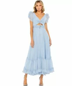 Mac Duggal Ruffle Tiered Metallic Ruched Shoulder Dress