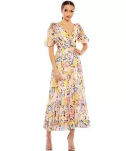 Mac Duggal Floral Print Chiffon Puff Sleeve Tiered Hem Dress