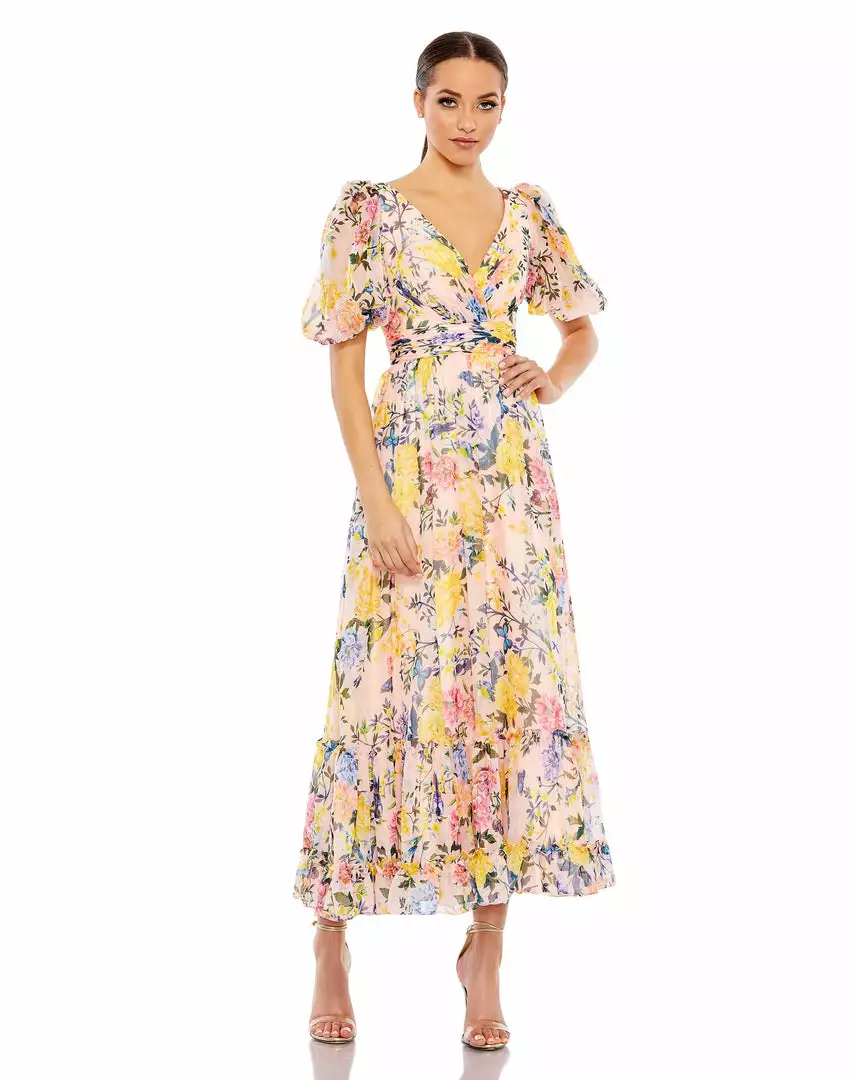 Mac Duggal Floral Print Chiffon Puff Sleeve Tiered Hem Dress 1 Mac Duggal Floral Print Chiffon Puff Sleeve Tiered Hem Dress