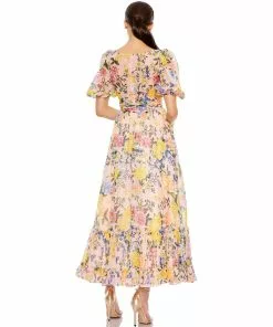 Mac Duggal Floral Print Chiffon Puff Sleeve Tiered Hem Dress