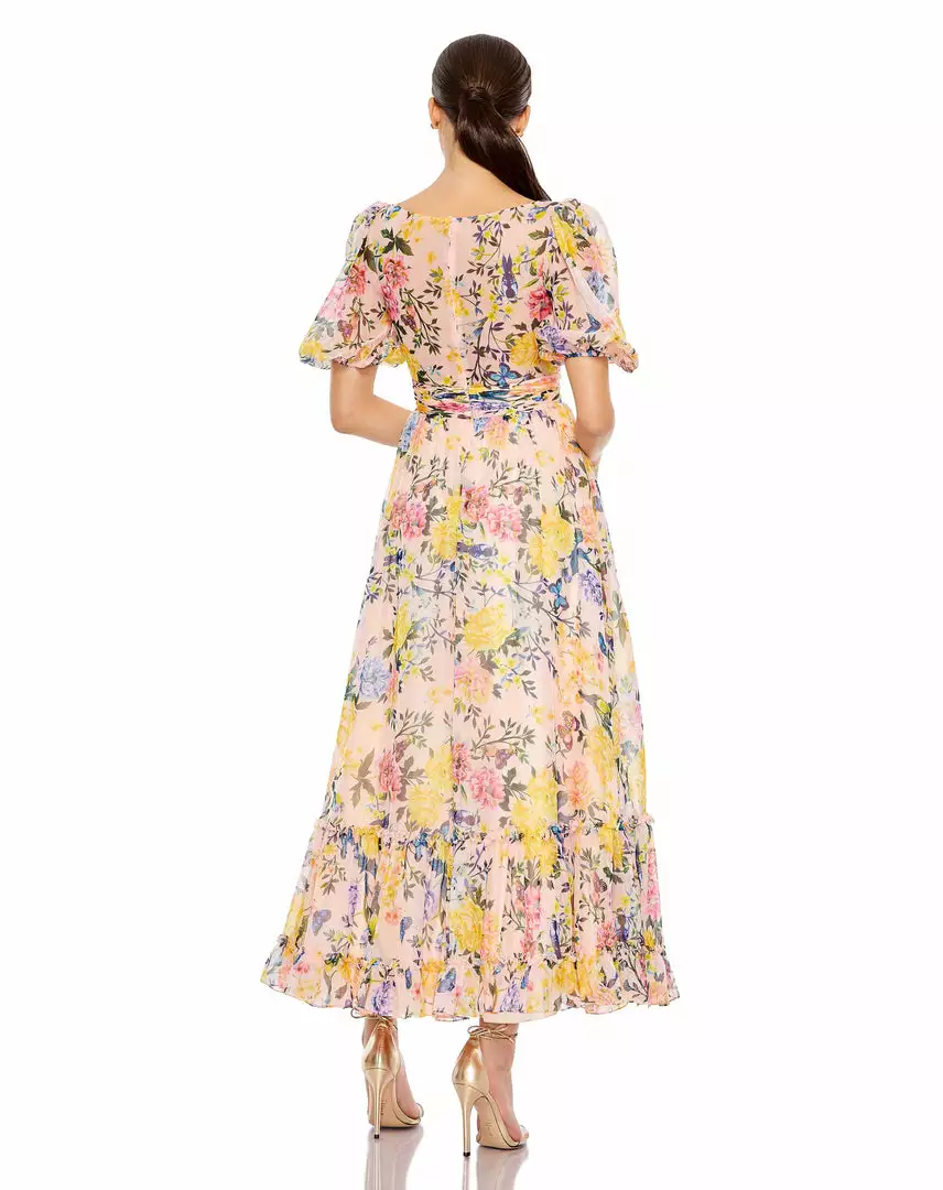 Mac Duggal Floral Print Chiffon Puff Sleeve Tiered Hem Dress 2 Mac Duggal Floral Print Chiffon Puff Sleeve Tiered Hem Dress
