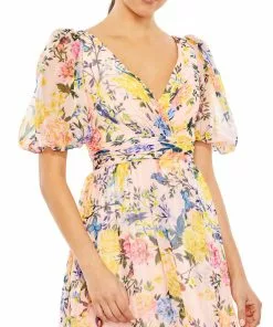 Mac Duggal Floral Print Chiffon Puff Sleeve Tiered Hem Dress 5 Mac Duggal Floral Print Chiffon Puff Sleeve Tiered Hem Dress