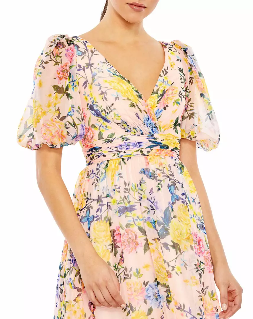 Mac Duggal Floral Print Chiffon Puff Sleeve Tiered Hem Dress 3 Mac Duggal Floral Print Chiffon Puff Sleeve Tiered Hem Dress