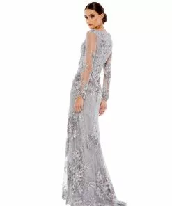 Mac Duggal Embellished V Neck Illusion Long Sleeve Gown