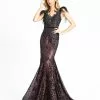 Mac Duggal Embellished Feather Cap Sleeve Illusion Neck Trumpet Gown