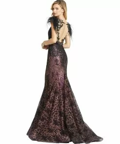Mac Duggal Embellished Feather Cap Sleeve Illusion Neck Trumpet Gown