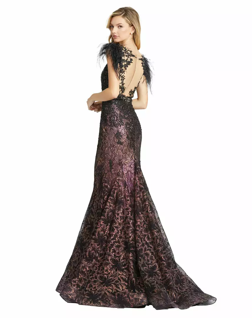 Mac Duggal Embellished Feather Cap Sleeve Illusion Neck Trumpet Gown 2 Mac Duggal Embellished Feather Cap Sleeve Illusion Neck Trumpet Gown