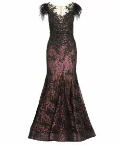 Mac Duggal Embellished Feather Cap Sleeve Illusion Neck Trumpet Gown 7 Mac Duggal Embellished Feather Cap Sleeve Illusion Neck Trumpet Gown