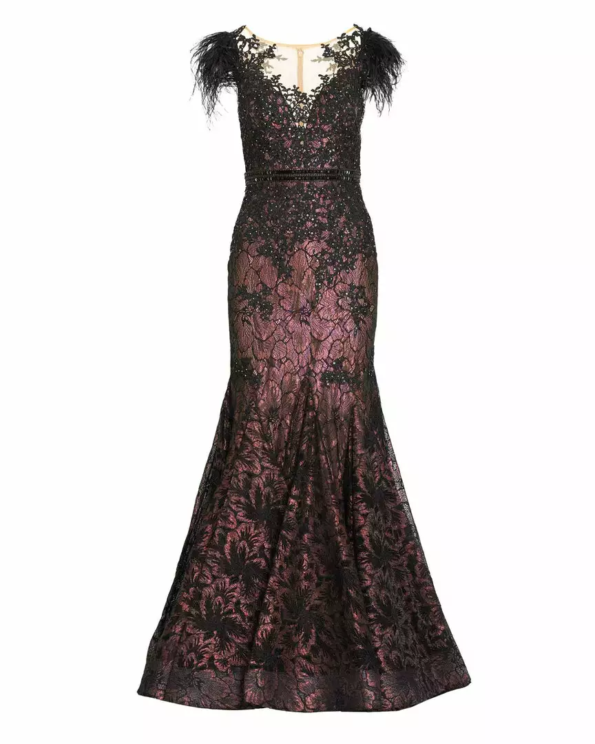 Mac Duggal Embellished Feather Cap Sleeve Illusion Neck Trumpet Gown 3 Mac Duggal Embellished Feather Cap Sleeve Illusion Neck Trumpet Gown