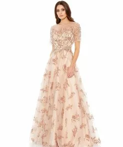 Mac Duggal Champagne Short Sleeve Gown