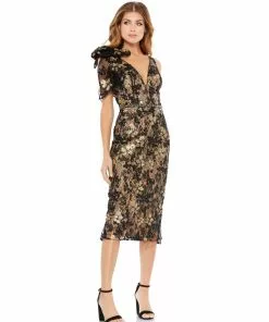 Mac Duggal Shop For Floral Embellished Beaded V-Neck Midi Dress