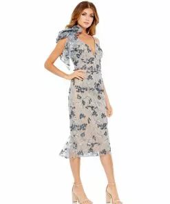 Mac Duggal Shop For Floral Embellished Beaded V-Neck Midi Dress