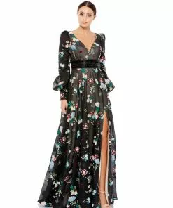 Mac Duggal Shop For Floral Embroidered Bishop Sleeve Maxi Dress