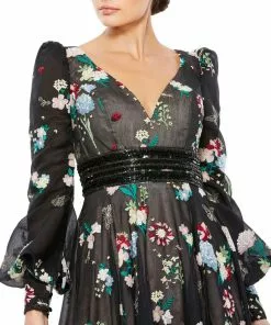Mac Duggal Shop For Floral Embroidered Bishop Sleeve Maxi Dress