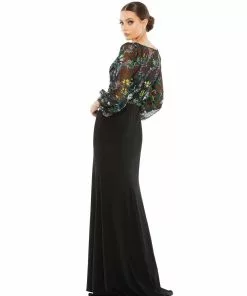 Mac Duggal Embroidered Illusion Puff Sleeve Column Gown