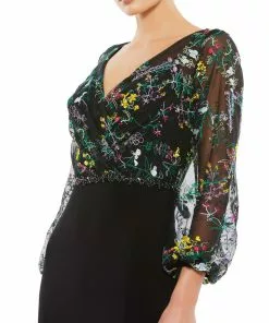 Mac Duggal Embroidered Illusion Puff Sleeve Column Gown