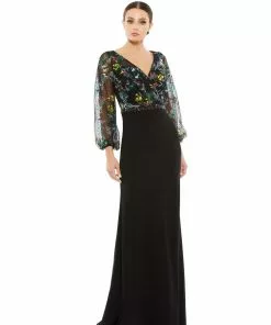 Mac Duggal Embroidered Illusion Puff Sleeve Column Gown