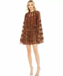 Mac Duggal Floral Print Long Flare Sleeve Mesh A-Line Dress